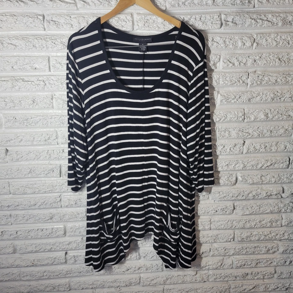 Top túnica Grace Elements para mujer 3X Plus manga 3/4 rayas negras asimétricas Foto 1 de 4