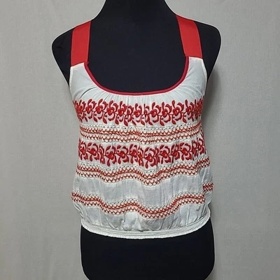 Camiseta sin mangas corta UO Ecote para mujer talla mediana algodón bordado encaje blanco rojo LEER Foto 1 de 4