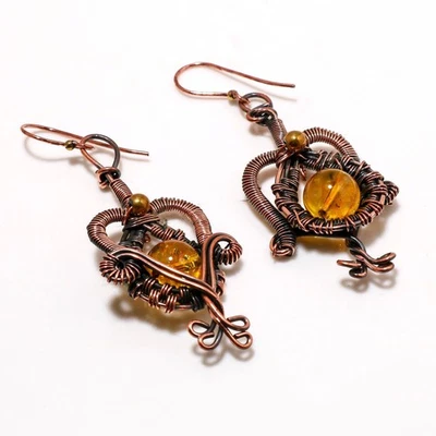 Pendientes de cobre con piedras preciosas de ámbar amarillo hechos a mano envoltura de alambre regalo joyería 2,8" k3 Foto 1 de 4