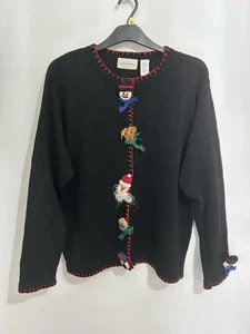 VTG Lemon & Grass Christmas Cardigan  Black Statement Buttons XL - Picture 1 of 11