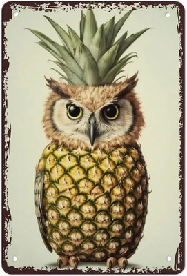 Póster vintage de aluminio con letrero de metal de hojalata búho piña búho 8x12 Foto 1 de 4