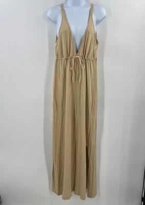 Free People FP Beach L Plunge V-Neck Maxi Slip Dress Tan Jersey Drawstring Slit - Image 1 of 4
