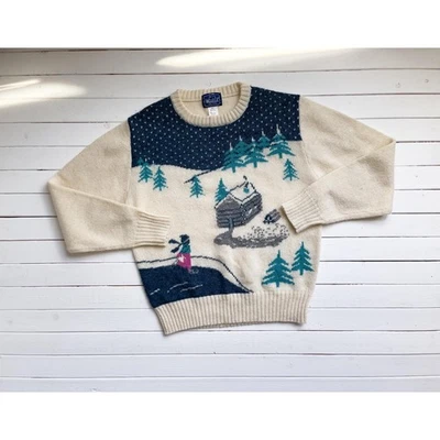 Suéter de Navidad vintage Woolrich invierno patinaje sobre hielo crema lana suéter Foto 1 de 4