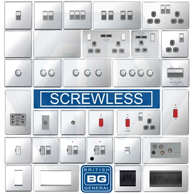 Interruptores y enchufes de placa plana BG Nexus pulido cromado sin tornillos insertos grises