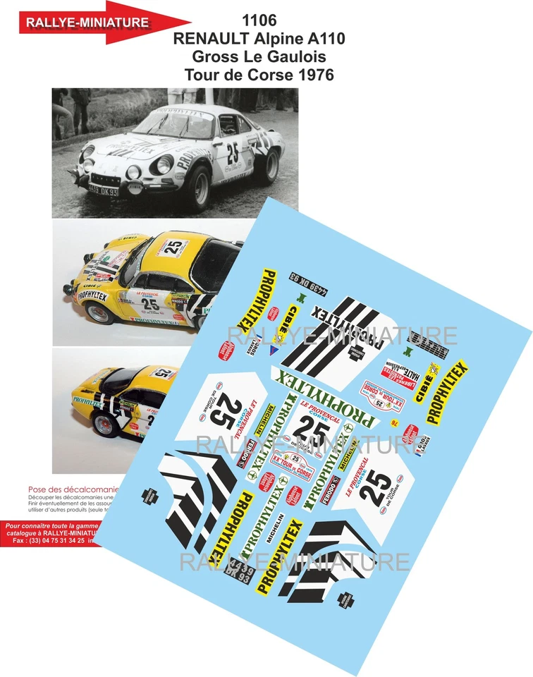 RALLYE MINIATURE DECALS 1/24 REF 1106 ALPINE RENAULT A110 GROSS TOUR DE CORSE 1976 RALLYE RALLY
