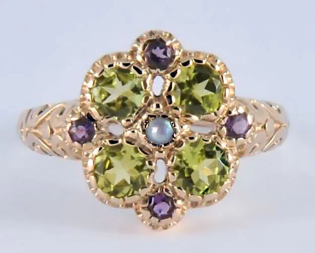 R107 Genuine 9K,10K,18K Gold Natural Peridot & Amethyst Suffragette Ring yr size - Image 1 of 1