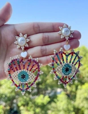 Evil Blue Eye Earrings Gold tone Pearl Heart Beaded Rhinestone Drop Stud - Image 1 of 3