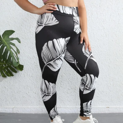 Plant Leaf Print Plus Size Leggings for Women Sports Yoga Pants Gym 0XL-4XL - Image 1 of 4