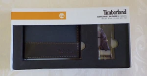 Timberland Genuine Leather Bifold Wallet W Key Fob NIB Navy W Brown 4.25" X 3.5" - Picture 1 of 18
