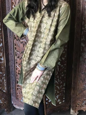 Boho Gypsy Hippy Green Golden Work Tunic Printed Cotton Ethnic Kurti Dress ML
