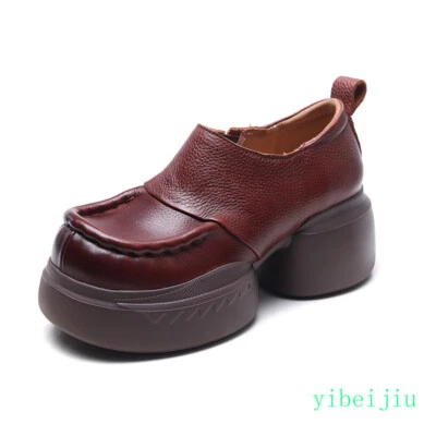 Sapatos femininos largos couro real conforto plataforma salto robusto sapatos primavera 2025 - Imagem 1 de 4