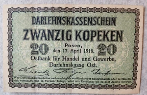 20 kopek Posen 1916 banknote Darlehnskasse Ost note kopeken Germany, P-R120 - Picture 1 of 2
