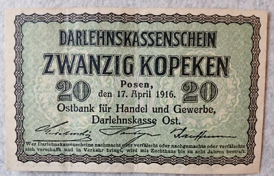 20 kopek Posen 1916 banknote Darlehnskasse Ost note kopeken Germany, P-R120 - Image 1 of 2