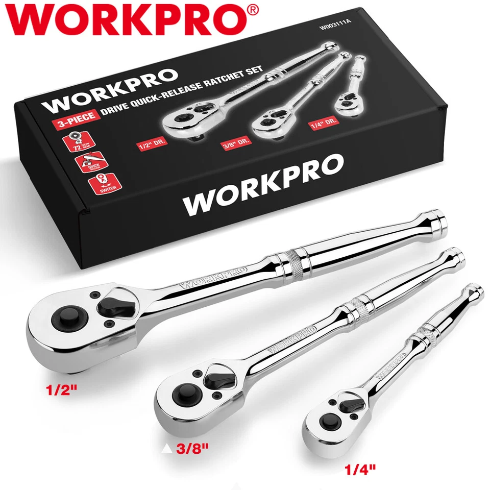 WORKPRO 3PCS Ratchet Set 72-Tooth 1/4" 3/8" 1/2" Dr Quick Release Ratchet Handle - Image 1 of 4