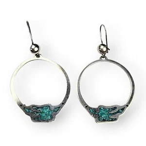 Vintage Sterling Bird Drop Earrings Crushed Turquoise Inlay 925 Silver 2" Long - Picture 1 of 12