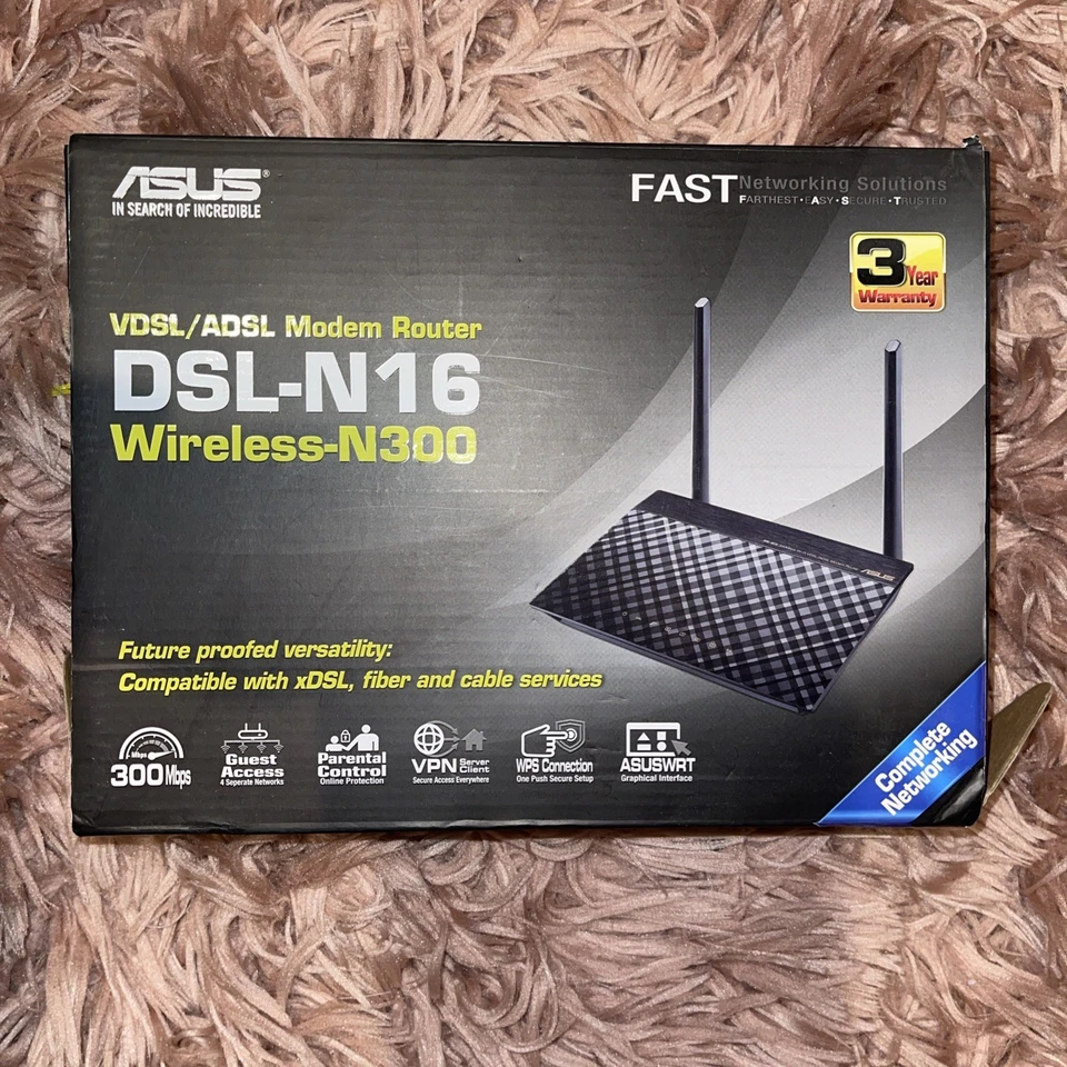 ASUS DSL-N16 Wireless-N300 VDSL/ADSL Modem Router - Boxed, with PSU, ADSL Filter - Image 1 of 4
