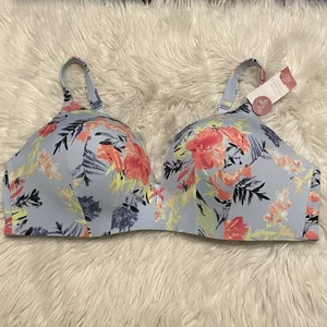 Cacique 44DD Bra Blue Floral Simply Wire Free Plunge Back Closure NEW - Picture 1 of 10
