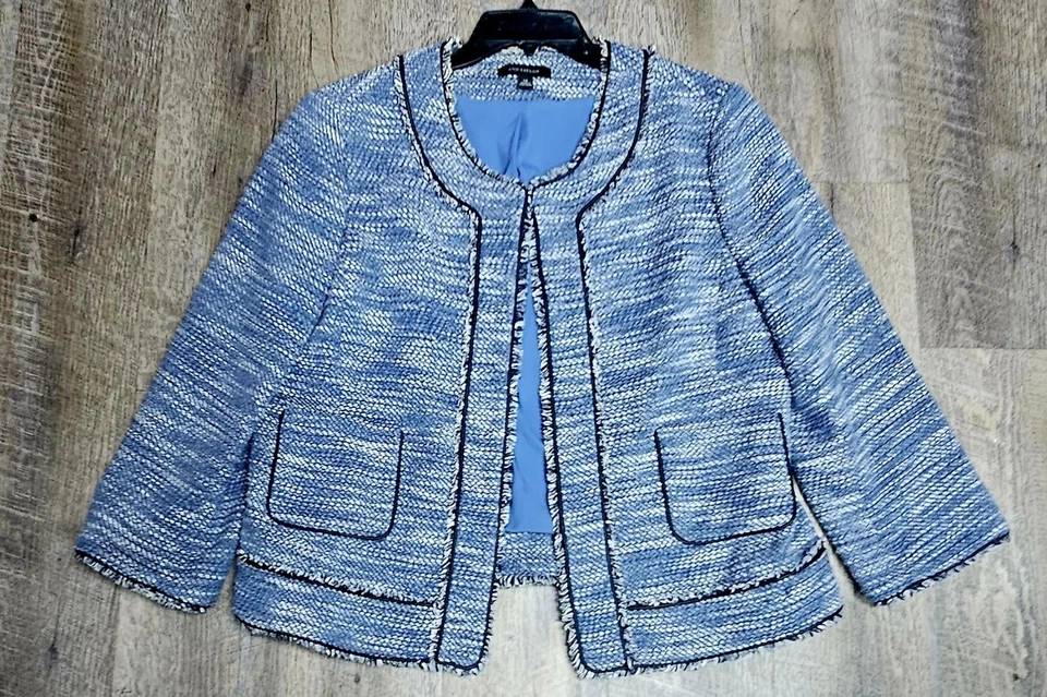 Blazer Ann Taylor azul tweed frente abierto con bordes deshilachados para mujer talla 14 Foto 1 de 4