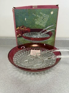 Vtg Indiana 13” Wide Glass Ruby Diamond Point Large Salad Bowl Set W/ Box - Picture 1 of 18