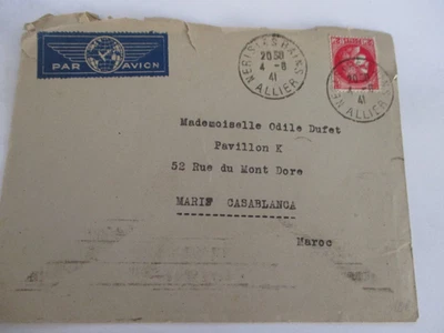 FRANCE PAR AVION 1941 CDS  COVER TO CASBLANCA 1939 2f CARMINE ULTRA CERES STAMP - Image 1 of 3