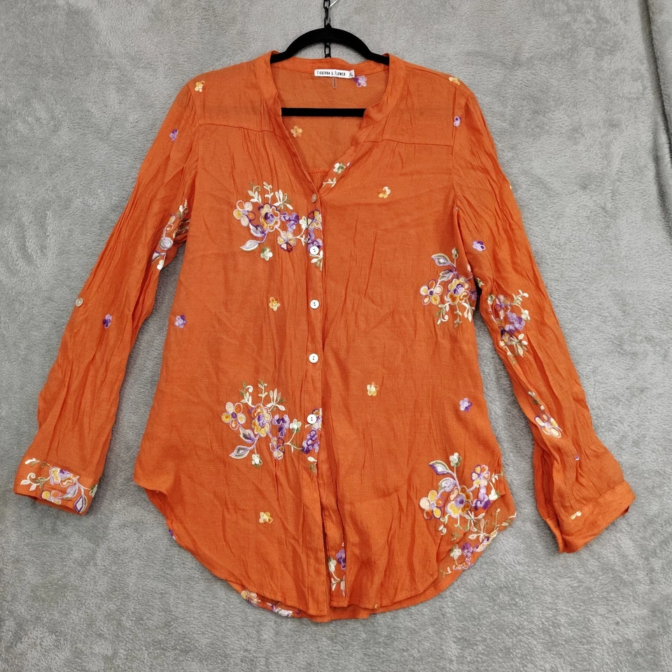 Fig & Flower Anthropologie Embroidered Top XL Orange Boho Blouse Gauzy Relaxed - Image 1 of 4