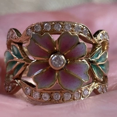 MASRIERA 18k Gold Diamond & Floral Enamel Ring - Image 1 of 4
