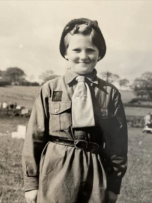 Vintage Black & White Photo Little Girl in Brownie Girl Scout Uniform  - Image 1 of 3