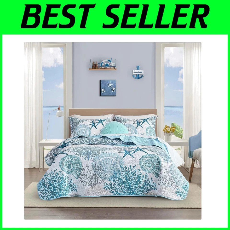 Juego de edredón náutico completo/queen - Conjunto de ropa de cama de playa reversible ligero Foto 1 de 4