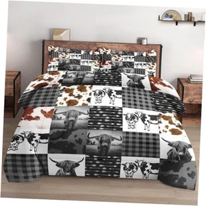 Größe Bettdecken-Set mit 2 Kissenbezügen, Highland Cow Print Animal Queen Multi 7 - Bild 1 von 7