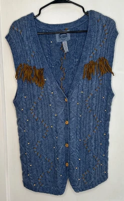 VTG Cambridge Dry Goods Co Size L Blue Beaded Suede Fringe Sweater Vest Western - Image 1 of 4
