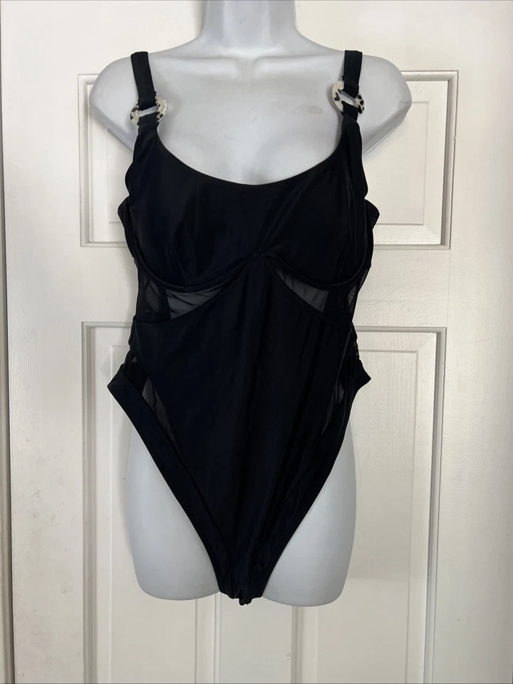Traje de baño River Island de una pieza negro talla 14 cintura alta con aros  Foto 1 de 4