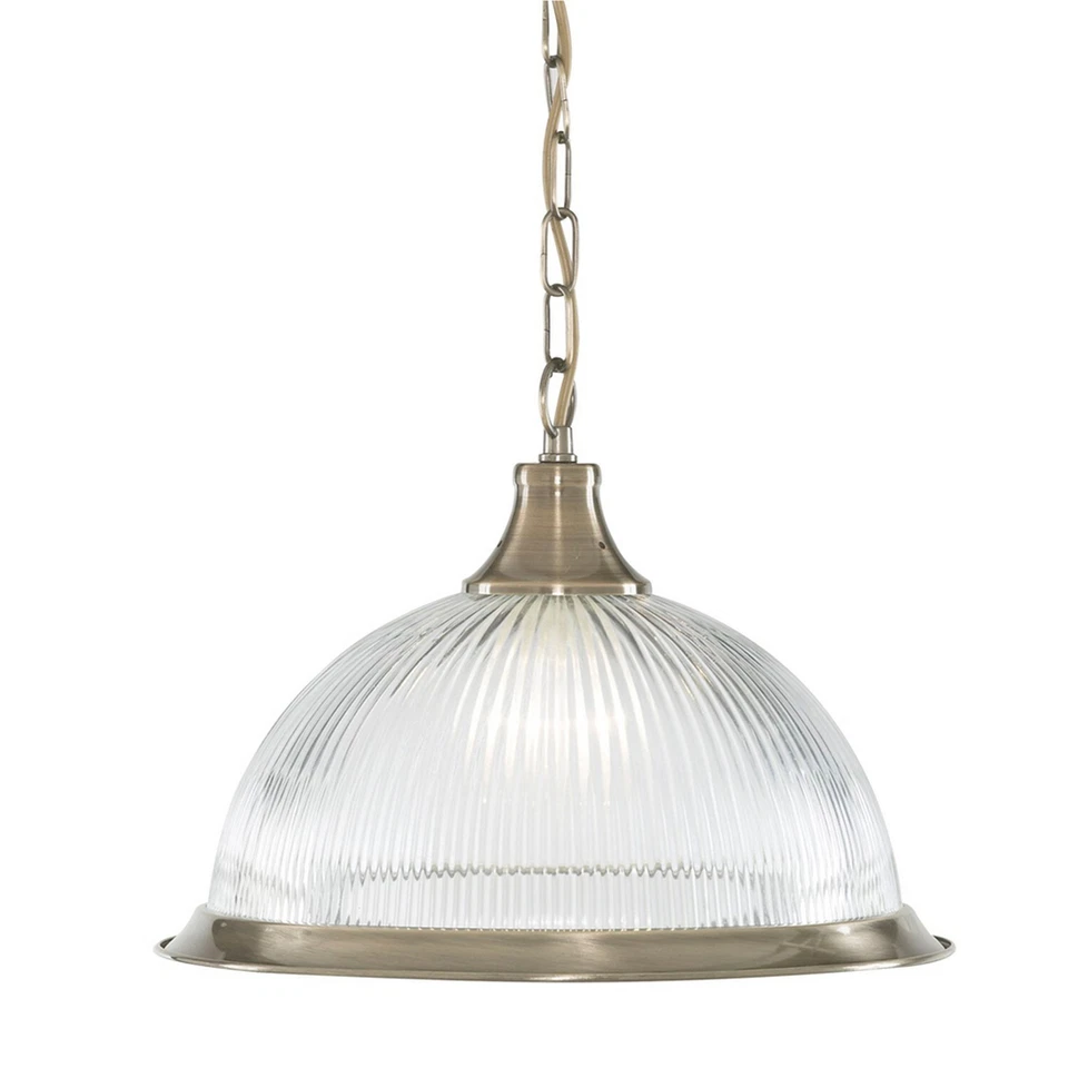 1 Light Antique Brass Finish Ceiling Fitting Pendant Clear Ribbed Glass Shade - Image 1 of 1