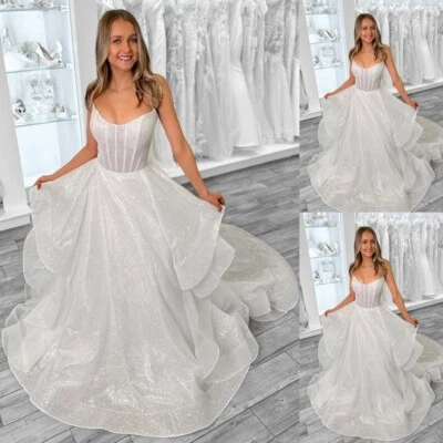 Spaghetti Straps Wedding Dresses Ruffles Glitter Beach Sparkling Bridal Gowns - Image 1 of 4