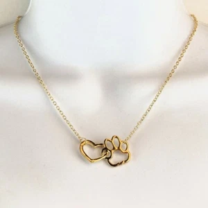 Heart & Paw Charm Necklace Gold Color Cute Pet Lover Pendant - Picture 1 of 3