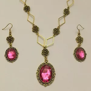JUEGO DE COLLAR CHAPADO EN ORO ESTILO VICTORIANO - ROSA DIAMANTE - CRISTAL ROSA CALIENTE DR LG - Imagen 1 de 4