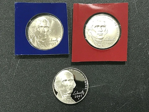 2007 P D S Jefferson Nickel Set US Mint Proof & PD Satin in Mint Cello or Wrap Cover