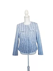 H&M S Blazer Tweed Jacket Blue White Plaid Pockets Career Office Easter Classy - Picture 1 of 14