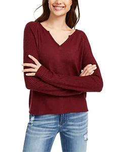 Planet Gold Juniors' Heather Maroon Solid Super Soft Ribbed V Neck Top Size M - Picture 1 of 5