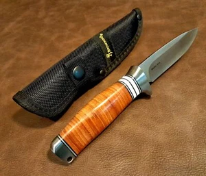 Browning Stacked Leather Fixed Blade Hunting Camping Fixed Blade Knife w/Sheath - Picture 1 of 7