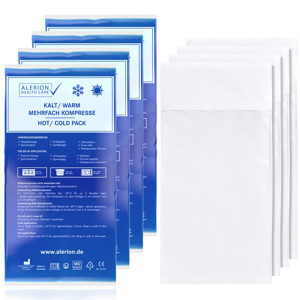 Alerion 4 Stück 21 x 38 cm Kalt Warm Kompresse Set mit 4x 21 x 38 cm Vlieshülle