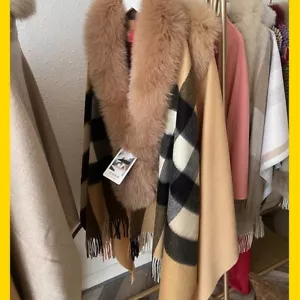 Scialli da donna reticolo nero con vera pelliccia di volpe collare mantello avvolgimenti pelliccia stolata poncho - Foto 1 di 5