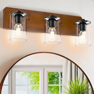 Bathroom Vanity 3-Lights Fixtures Modern Wall Light Glass Shade & Natural Wood - Picture 1 of 10