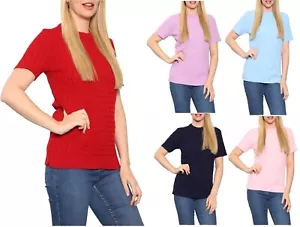 Ladies Crew Neck Short Sleeve Jumper Women's Knitted Short Sleeve Top Sweater - Picture 1 of 25