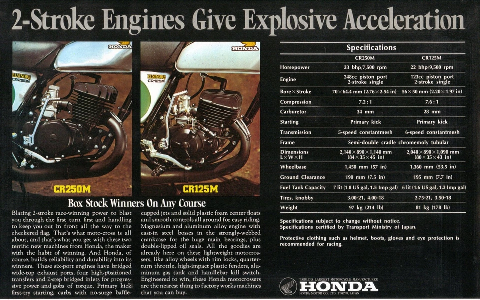 1974 HONDA ELSINORE CR250M CR250 CR125M CR125 SPECS AD VINTAGE  Foto 1 de 1