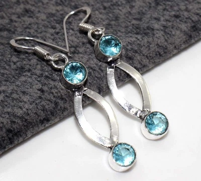 Pendientes hechos a mano de piedras preciosas enchapados en plata 925 con topacio azul decente 2" JW Foto 1 de 3