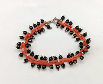 Pulsera Mujer Verdadero Coral Rojo De Cerdeña Ónice Negro Plata 925 Brunido - Imagen 1 de 4