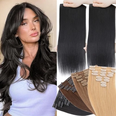 100% Real Human Remy Hair Extensions Clip in Remi Black Brown 8 Pieces Full Head - Image 1 of 4