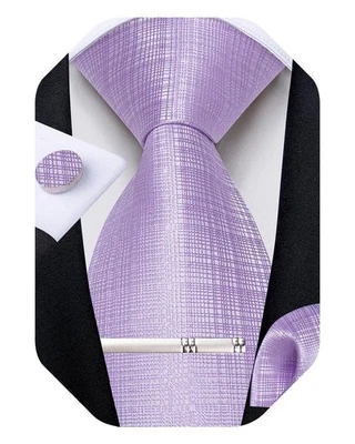 Men's Silk Plaid Striped Necktie Pocket Square Cufflinks Clip Gift Set - Image 1 of 4