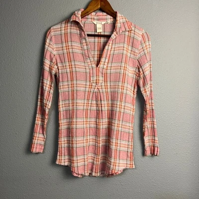 Top túnica Sundance XS rosa a cuadros algodón gasa manga larga boho occidental ajustado Foto 1 de 4