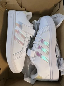 NEW Adidas Children's Grand Court 2.0 - Cloud White/ Iridescent Size 2 IE3851 - Picture 1 of 13